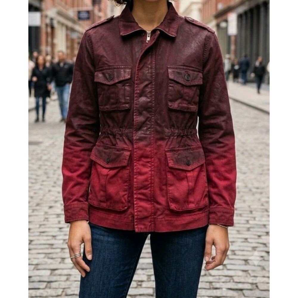 True Religion Womens Isabelle Dip Dye Ombre Field Jacket M Burgundy Red Waxed